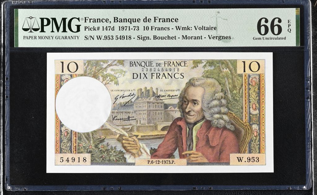 France 10 Francs 1971-73 PMG Gem UNC66 EPQ Pick #147d 0146889