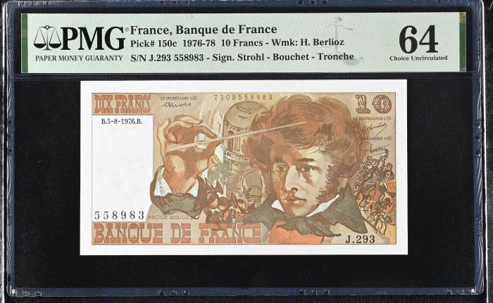France 10 Francs 1976-78 PMG Ch UNC64 Pick #150c 0146891France 10 Francs 1976-78 PMG Ch UNC64 Pick #150c 0146891