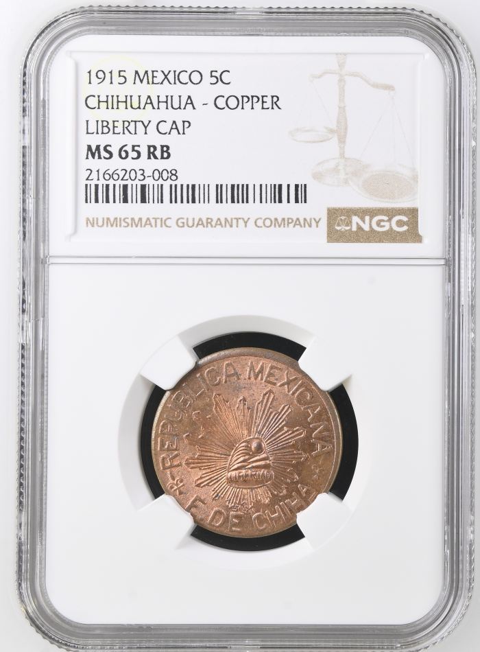 Chihuahua 5 Centavo 1915 Chihuahua NGC MS65RB 0146946Chihuahua 5 Centavo 1915 Chihuahua NGC MS65RB 0146946