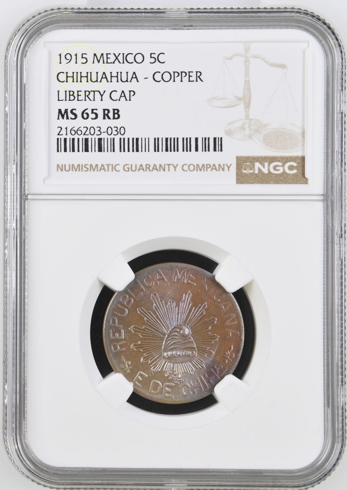 Chihuahua 5 Centavo 1915 Chihuahua NGC MS65RB 0146947Chihuahua 5 Centavo 1915 Chihuahua NGC MS65RB 0146947
