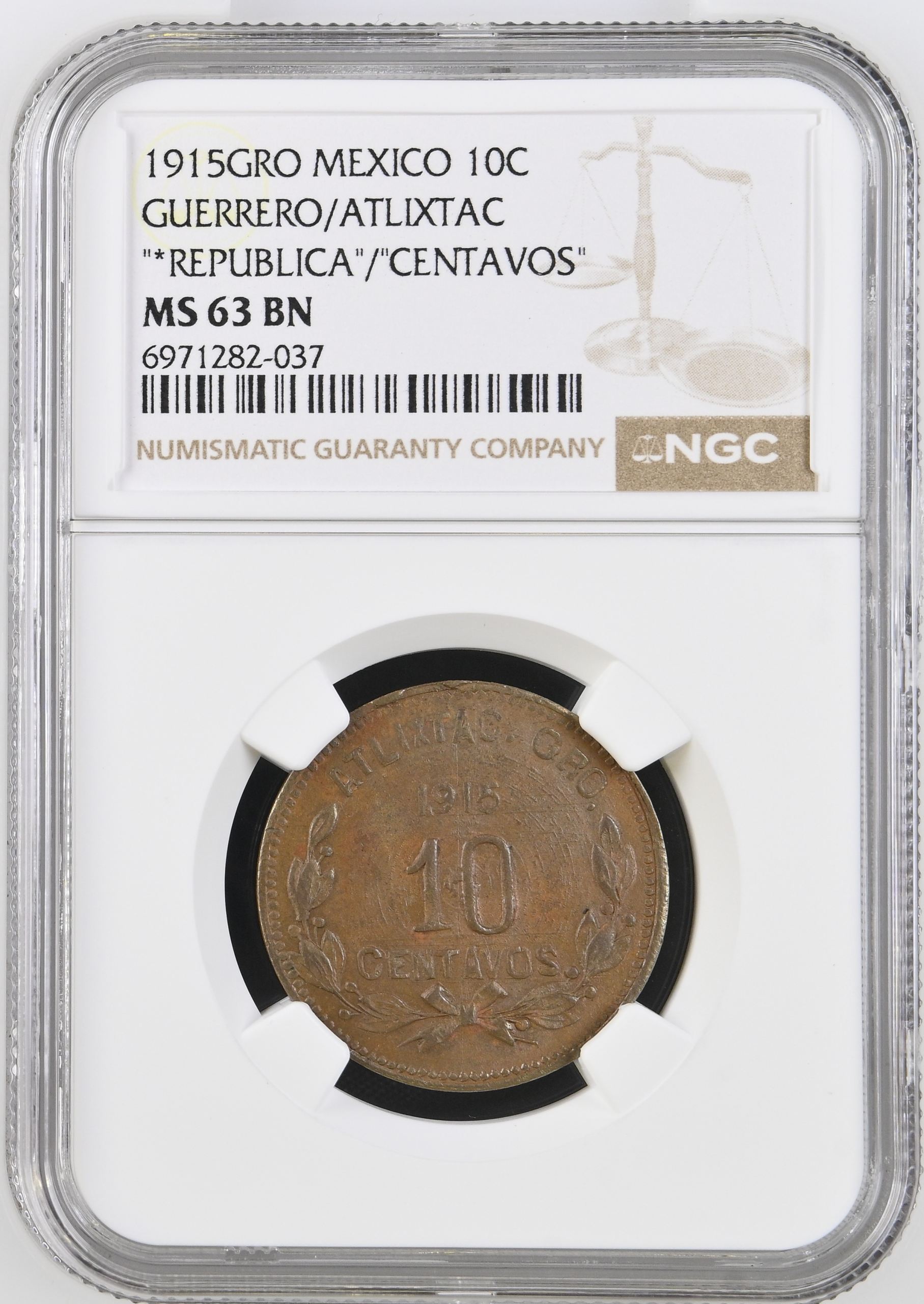 Guerrero 10 Centavo 1915 GRO NGC MS63BN 0146980