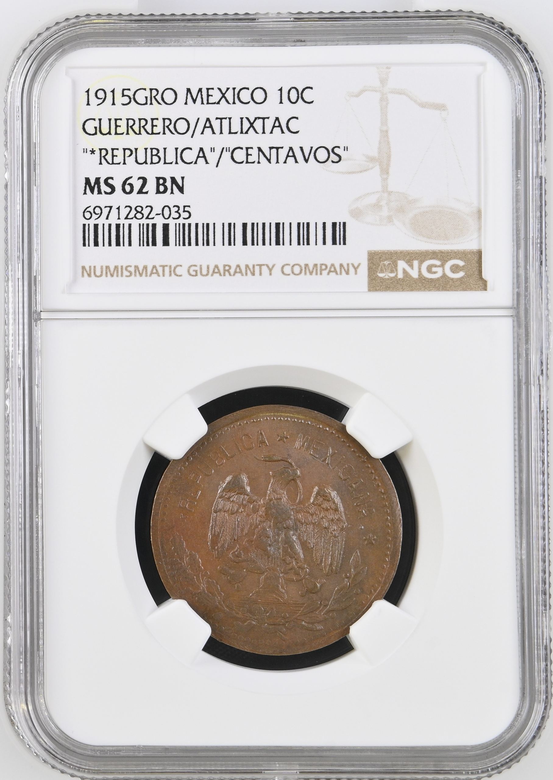 Guerrero 10 Centavo 1915 GRO NGC MS62BN 0146981
