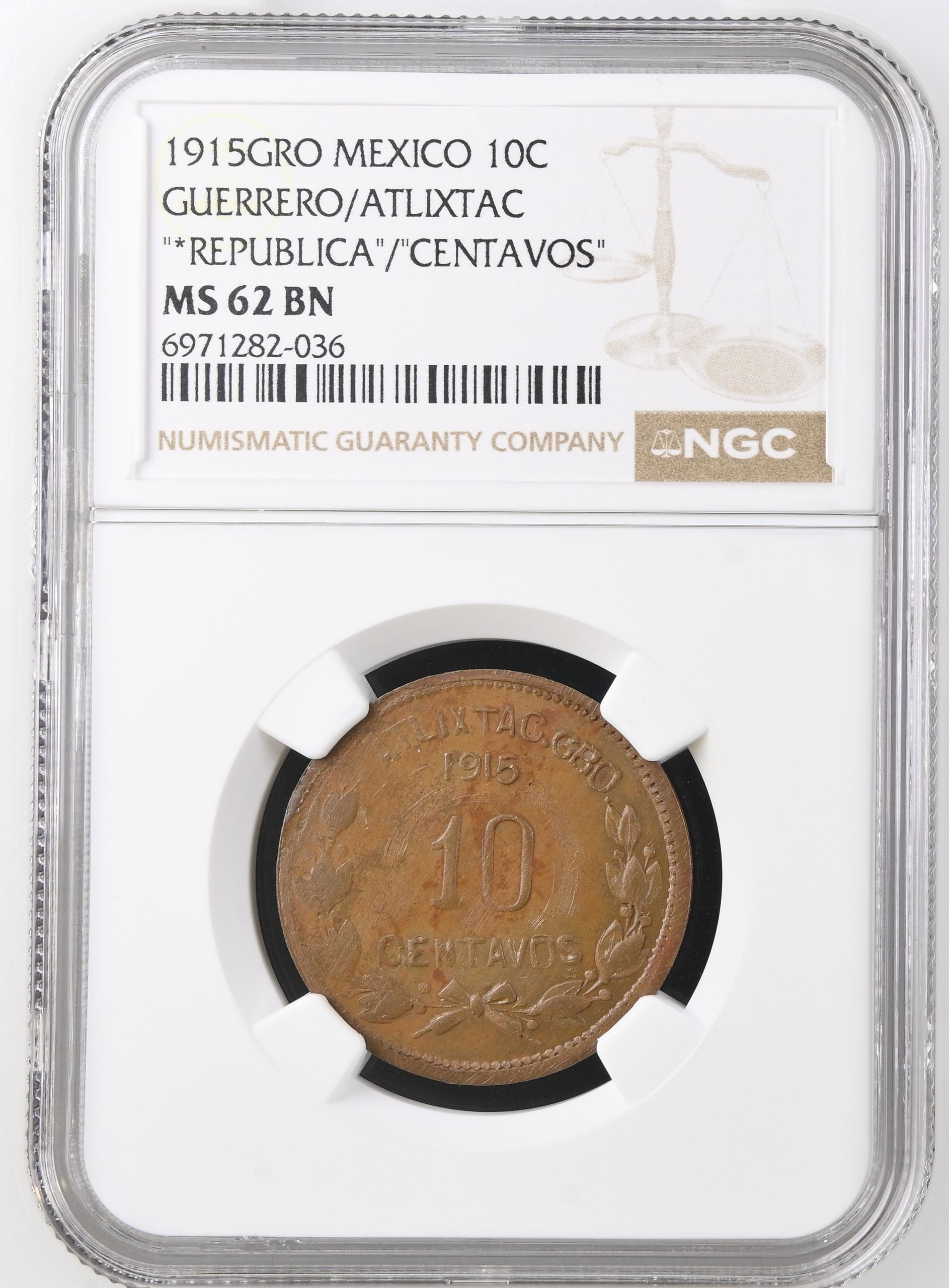 Guerrero 10 Centavo 1915 GRO NGC MS62BN 0146982