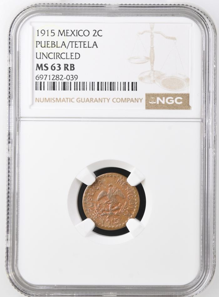 Puebla 2 Centavo 1915 Puebla/Tetela NGC MS63RB 0146987Puebla 2 Centavo 1915 Puebla/Tetela NGC MS63RB 0146987