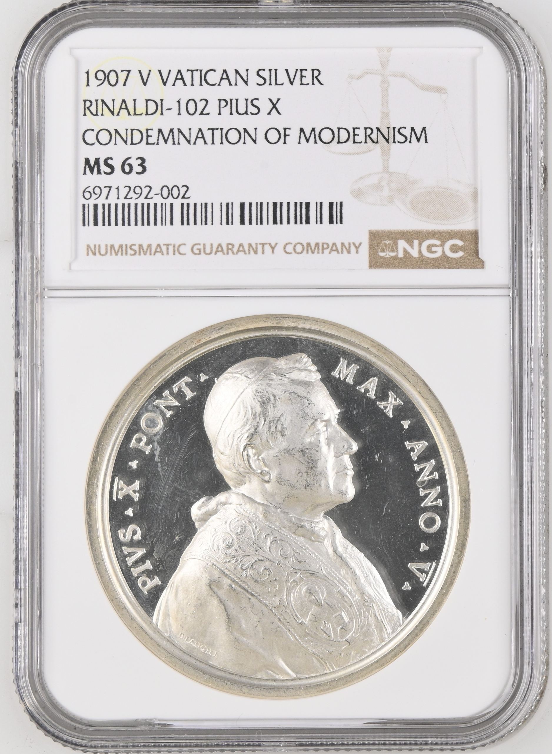 Italy/San Marino/Vatican Condemnation of Modernism Pius X Silver Medal 1907 V Rinaldi-102 NGC MS63 0147009