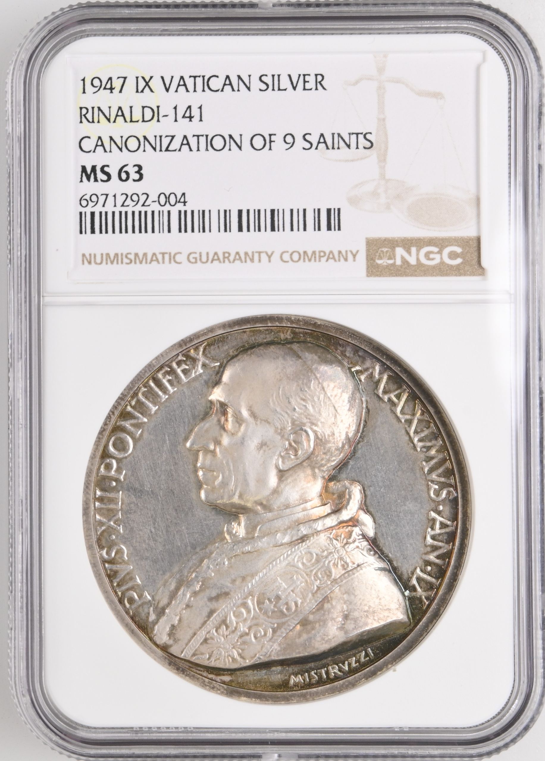 Italy/San Marino/Vatican Canonization of 9 Saints Silver Medal 1947 IX Rinaldi-141 NGC MS63 0147010