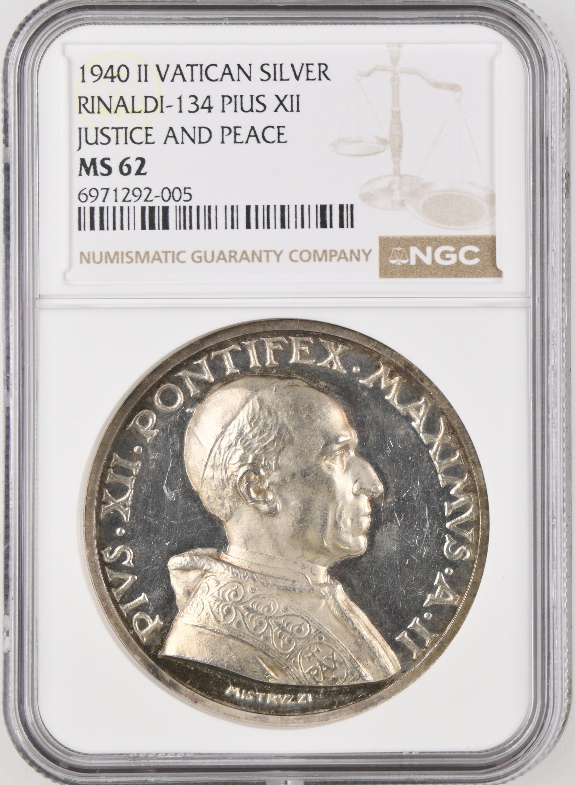Italy/San Marino/Vatican Justice and Peace Pius XII Silver Medal 1940 II Rinaldi-134 NGC MS62 0147011