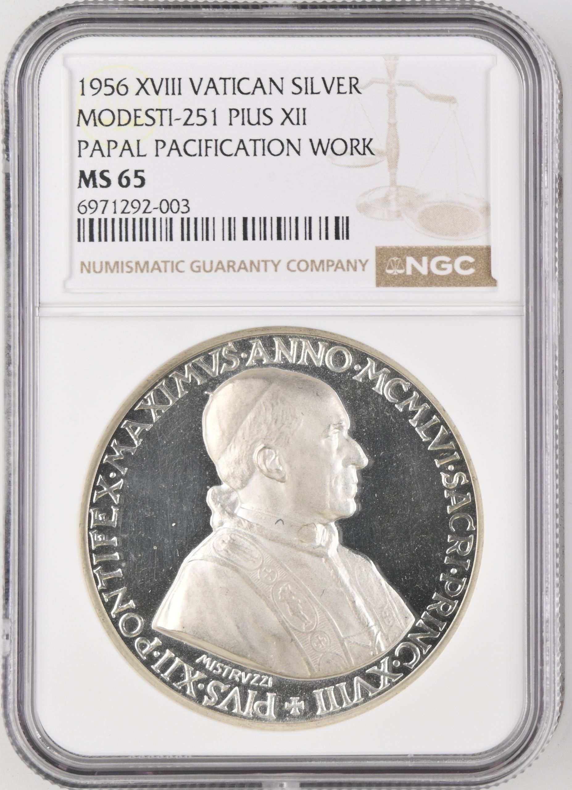 Italy/San Marino/Vatican Papal Pacification Work Pius XII Silver Medal 1956 XVIII Modesti-251 NGC MS65 0147013