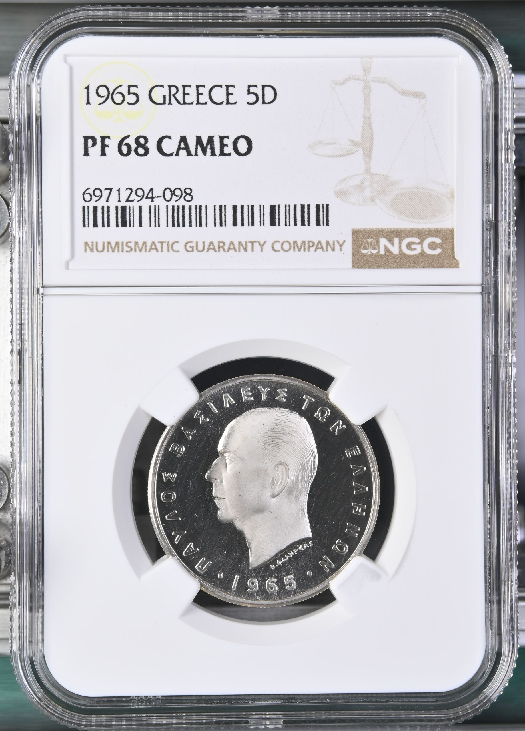 Greece 5 Drachmai 1965 NGC PF68 Cameo 0147107