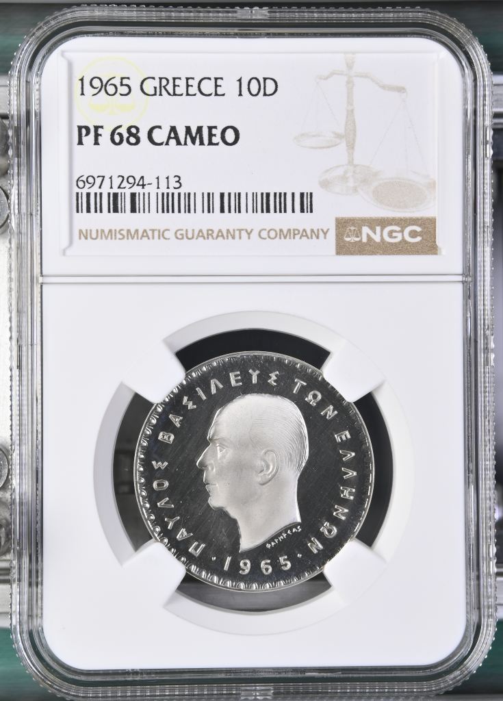 Greece 10 Drachmai 1965 NGC PF68 Cameo 0147128