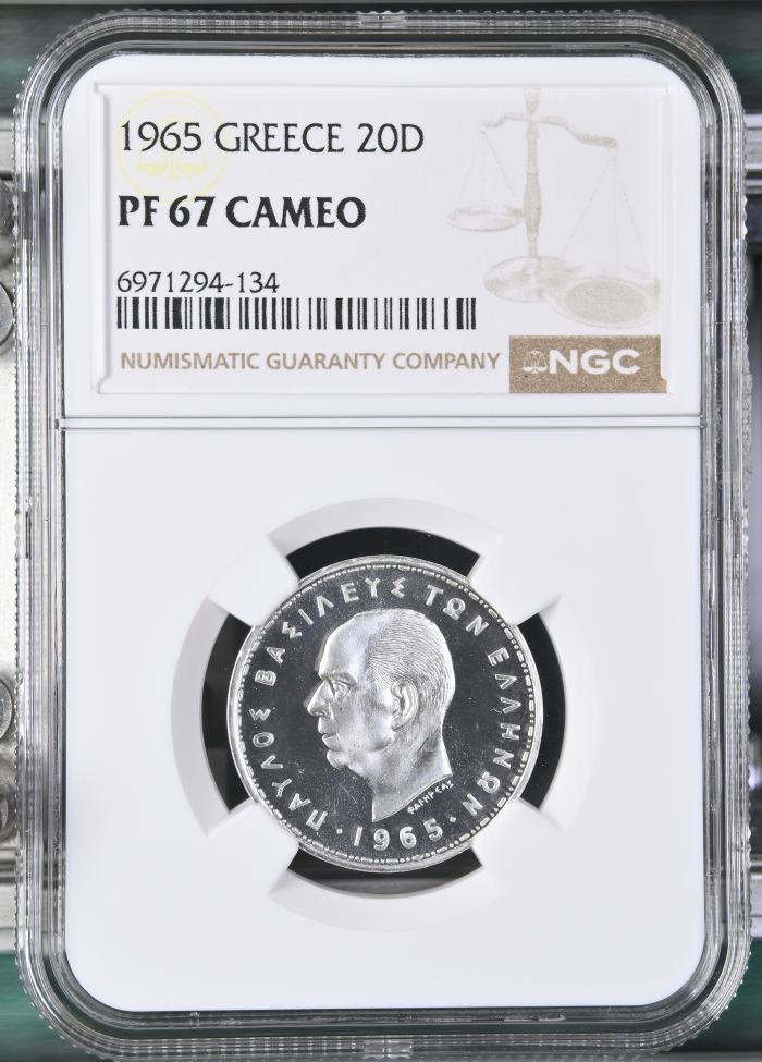 Greece 20 Drachmai 1965 NGC PF67 Cameo 0147137Greece 20 Drachmai 1965 NGC PF67 Cameo 0147137