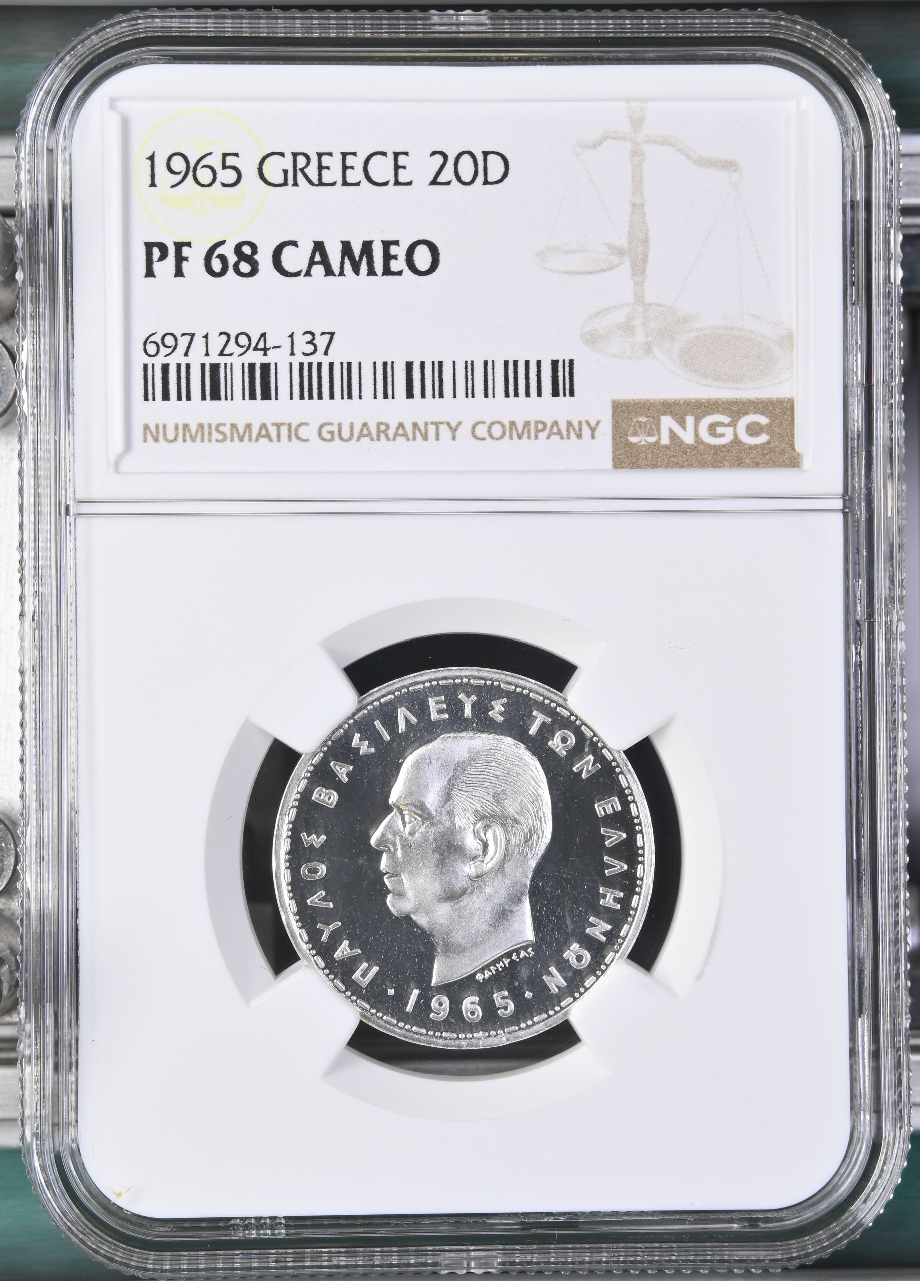 Greece 20 Drachmai 1965 NGC PF68 Cameo 0147147