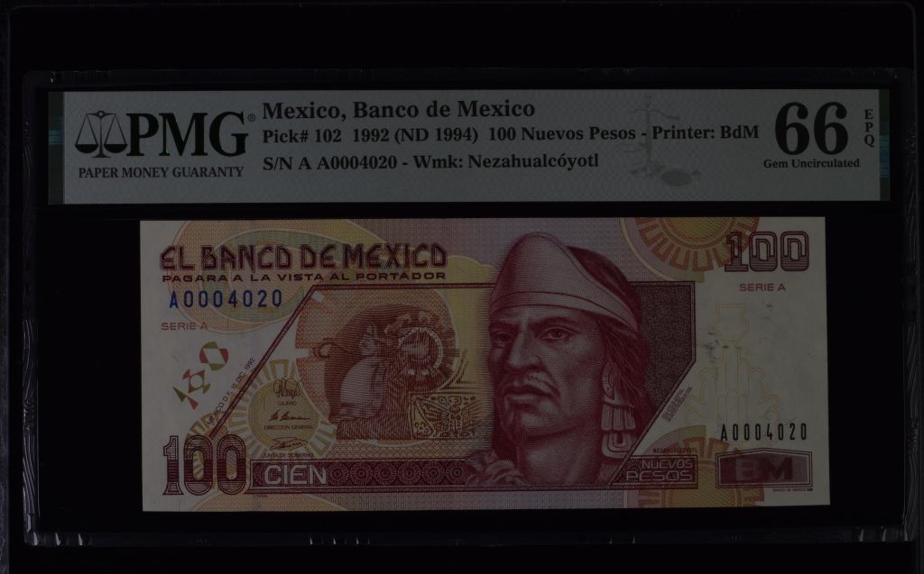 Banco De Mexico 100 Nuevos Pesos 1992 Pick #102 PMG Gem UNC66 EPQ f_35466