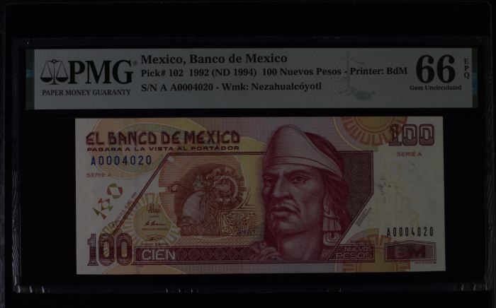 Banco De Mexico 100 Nuevos Pesos 1992 Pick #102 PMG Gem UNC66 EPQ f_35466Banco De Mexico 100 Nuevos Pesos 1992 Pick #102 PMG Gem UNC66 EPQ f_35466