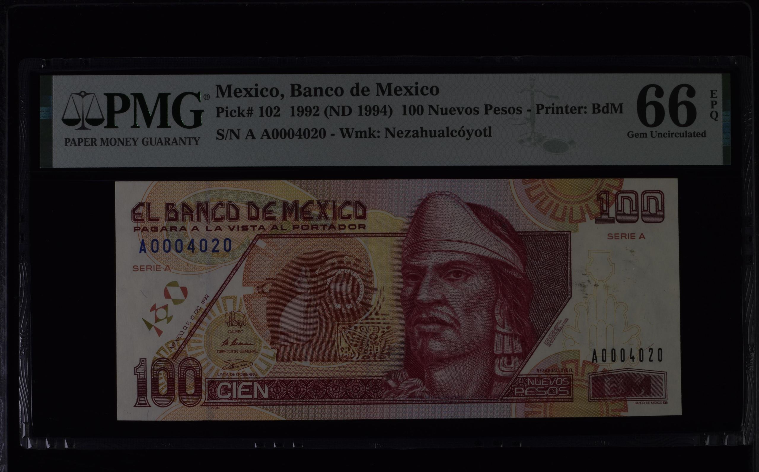 Banco De Mexico 100 Nuevos Pesos 1992 Pick #102 PMG Gem UNC66 EPQ f_35466