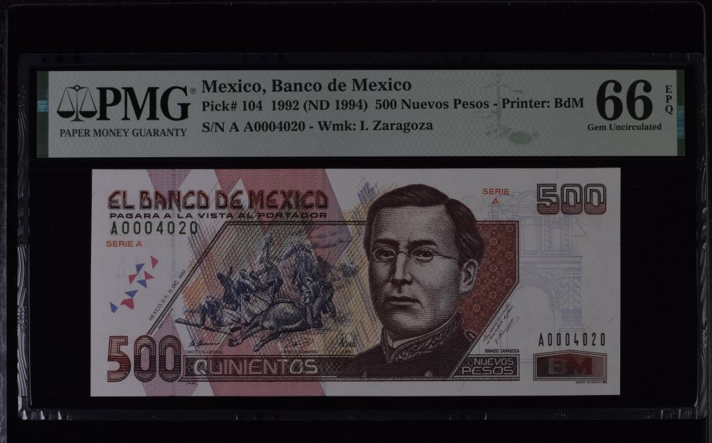 Banco De Mexico 500 Nuevos Pesos 1992 Pick #104 PMG Gem UNC66 EPQ f_35467