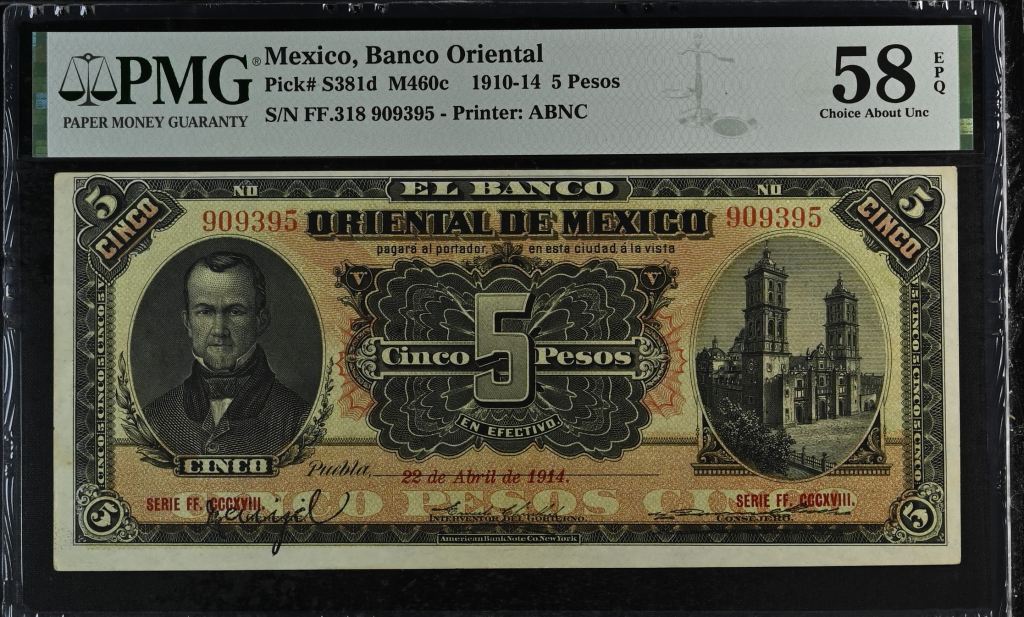 Bancos 5 Pesos 1910-14 Puebla M460c PMG Ch AU58 EPQ f_35468