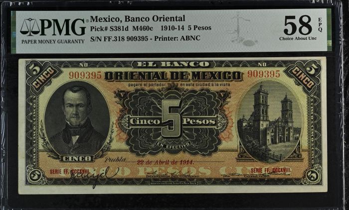 Bancos 5 Pesos 1910-14 Puebla M460c PMG Ch AU58 EPQ f_35468Bancos 5 Pesos 1910-14 Puebla M460c PMG Ch AU58 EPQ f_35468