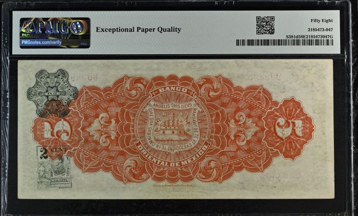Bancos 5 Pesos 1910-14 Puebla M460c PMG Ch AU58 EPQ f_35468Bancos 5 Pesos 1910-14 Puebla M460c PMG Ch AU58 EPQ f_35468 - Image 2