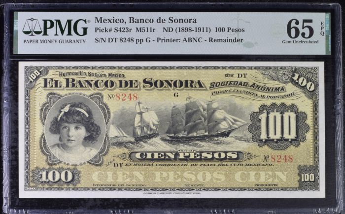 Bancos 100 Pesos ND Sonora M511r PMG Gem UNC65 EPQ f_35469Bancos 100 Pesos ND Sonora M511r PMG Gem UNC65 EPQ f_35469