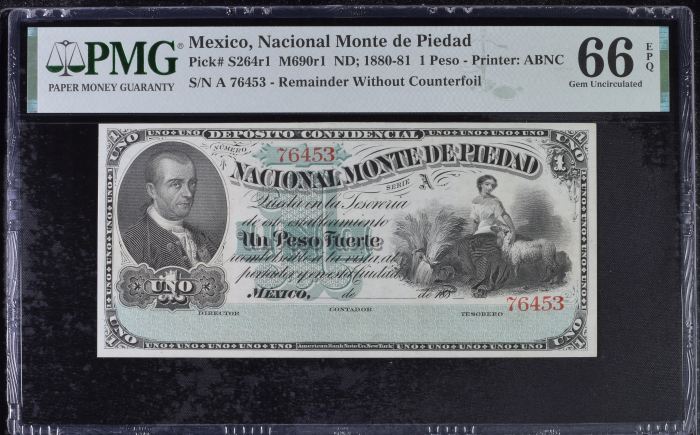 Pre-Revolution Peso ND Distrito Federal M690r1 PMG Gem UNC66 EPQ f_35471Pre-Revolution Peso ND Distrito Federal M690r1 PMG Gem UNC66 EPQ f_35471
