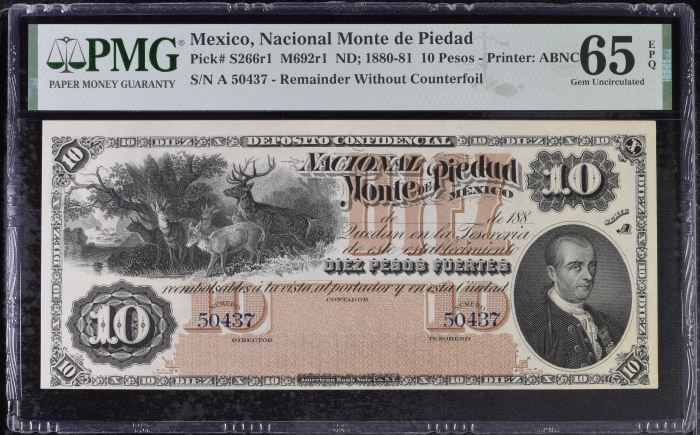 Pre-Revolution 10 Pesos ND Distrito Federal M692r1 PMG Gem UNC65 EPQ f_35470Pre-Revolution 10 Pesos ND Distrito Federal M692r1 PMG Gem UNC65 EPQ f_35470