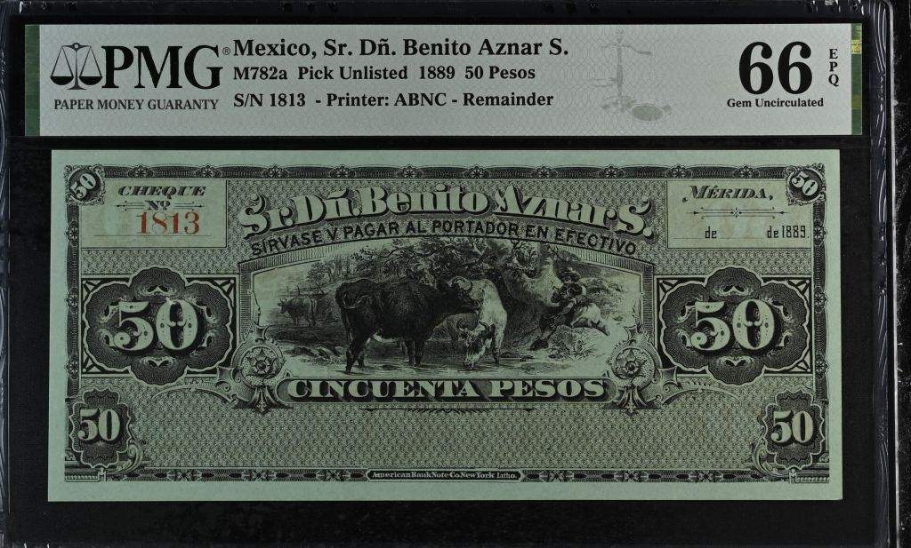 Pre-Revolution 50 Pesos 1889 Yucatan M782a PMG Gem UNC66 EPQ f_35473