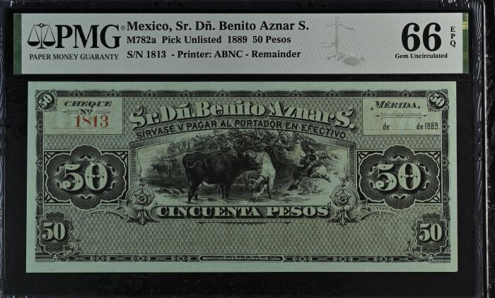 Pre-Revolution 50 Pesos 1889 Yucatan M782a PMG Gem UNC66 EPQ f_35473Pre-Revolution 50 Pesos 1889 Yucatan M782a PMG Gem UNC66 EPQ f_35473