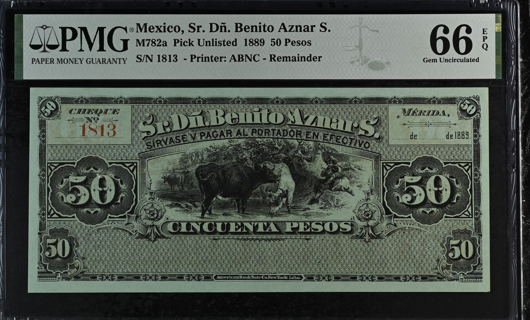 Pre-Revolution 50 Pesos 1889 Yucatan M782a PMG Gem UNC66 EPQ f_35473
