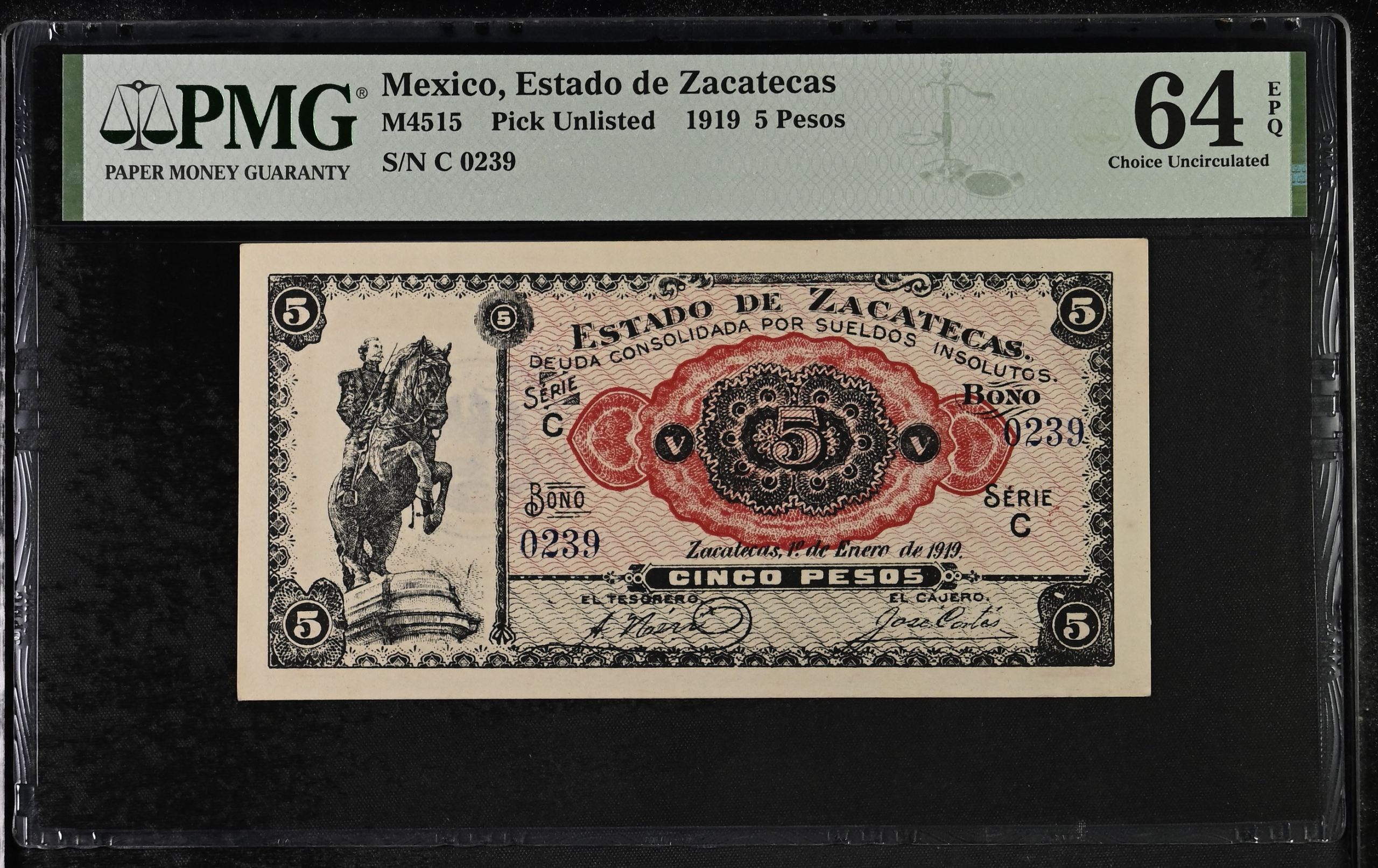 Post Revolution 5 Pesos 1919 Zacatecas M4515 PMG Ch UNC64 EPQ f_35472