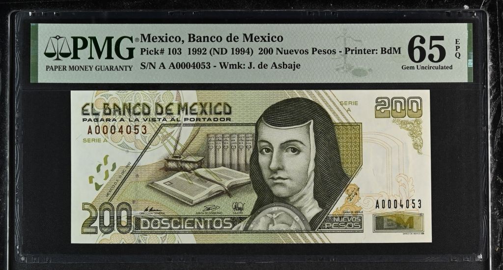 Banco De Mexico 200 Nuevos Pesos 1992 Pick #103 PMG Gem UNC65 EPQ f_35475