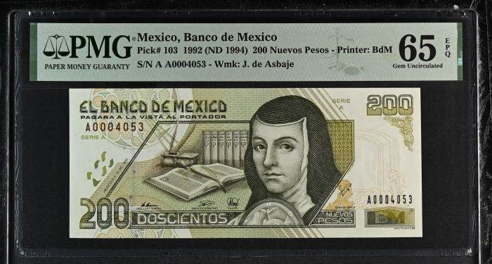 Banco De Mexico 200 Nuevos Pesos 1992 Pick #103 PMG Gem UNC65 EPQ f_35475Banco De Mexico 200 Nuevos Pesos 1992 Pick #103 PMG Gem UNC65 EPQ f_35475