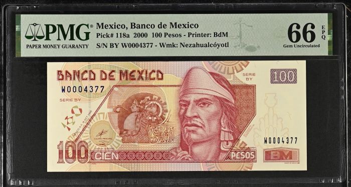 Banco De Mexico 100 Pesos 2000 Pick #118a PMG Gem UNC66 EPQ f_35476Banco De Mexico 100 Pesos 2000 Pick #118a PMG Gem UNC66 EPQ f_35476