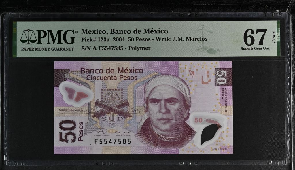Banco De Mexico 50 Pesos 2004 Pick #123a PMG Superb Gem UNC67 EPQ f_35477