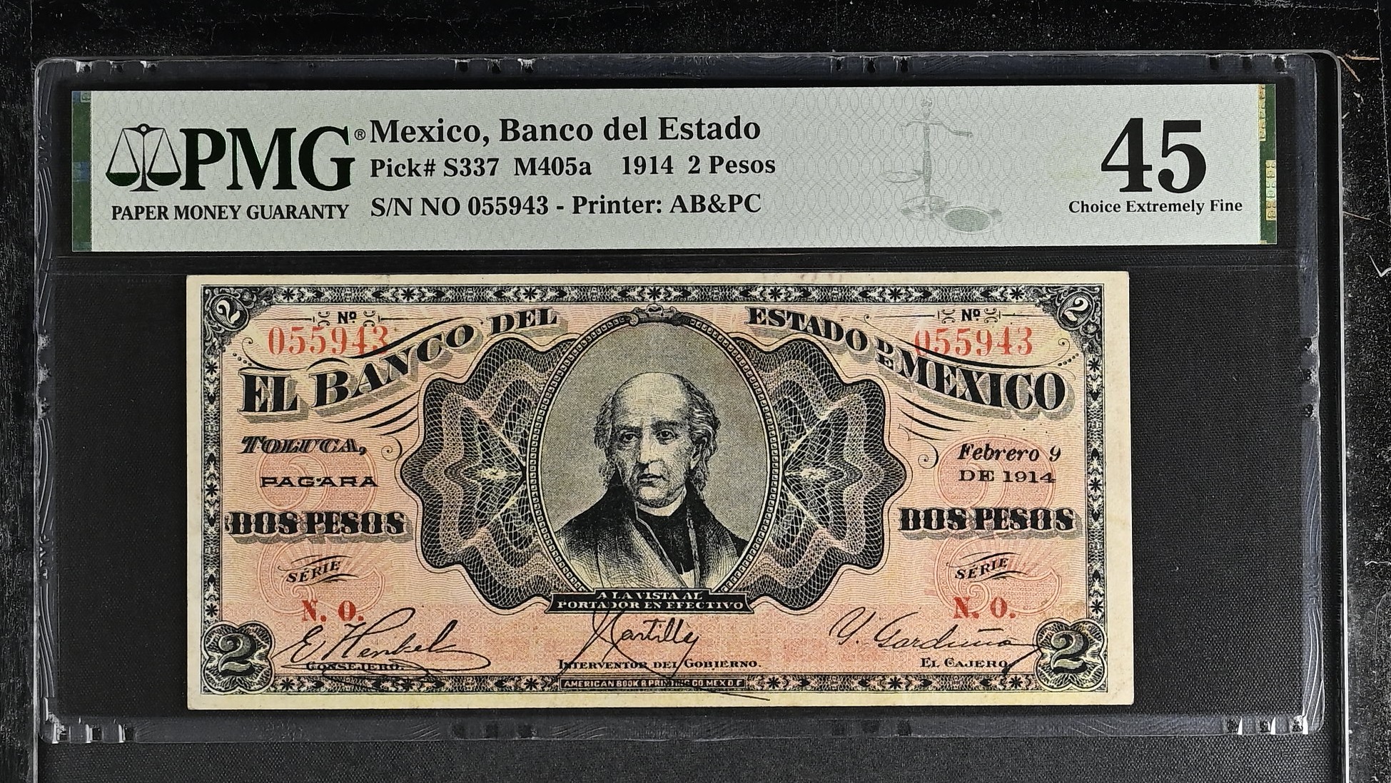 Bancos 2 Pesos 1914 Mexico M405a PMG Ch XF45 f_35478