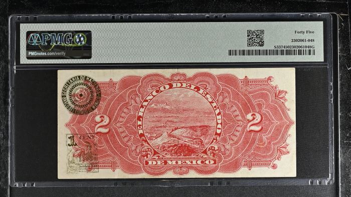 Bancos 2 Pesos 1914 Mexico M405a PMG Ch XF45 f_35478Bancos 2 Pesos 1914 Mexico M405a PMG Ch XF45 f_35478 - Image 2