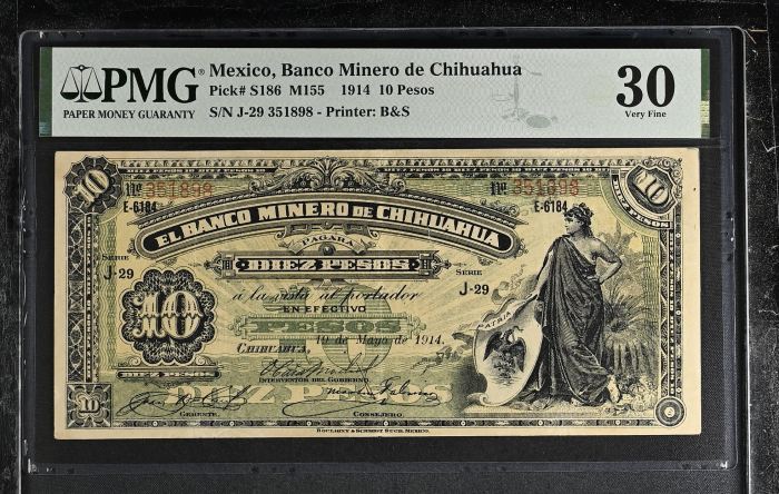 Bancos 10 Pesos 1914 Chihuahua M155 PMG VF30 f_35479Bancos 10 Pesos 1914 Chihuahua M155 PMG VF30 f_35479