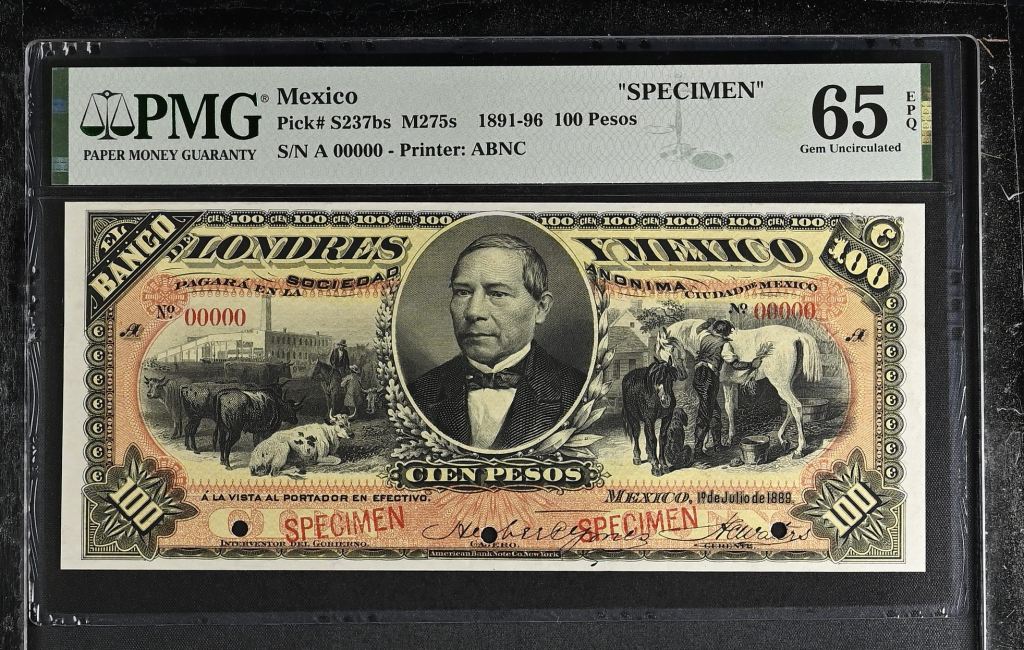 Bancos 100 Pesos 1891-96 Distrito Federal M275s PMG Gem UNC65 EPQ f_35480