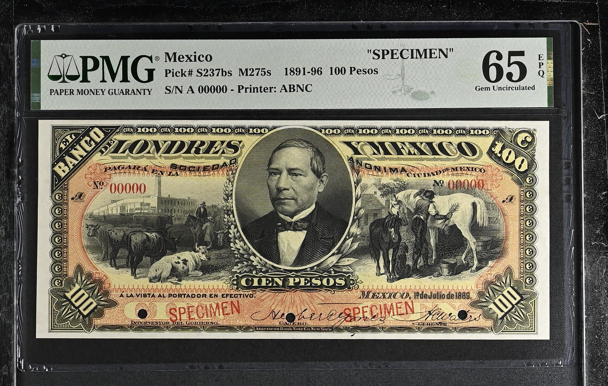 Bancos 100 Pesos 1891-96 Distrito Federal M275s PMG Gem UNC65 EPQ f_35480