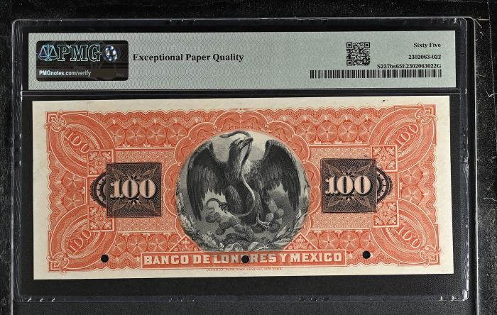 Bancos 100 Pesos 1891-96 Distrito Federal M275s PMG Gem UNC65 EPQ f_35480Bancos 100 Pesos 1891-96 Distrito Federal M275s PMG Gem UNC65 EPQ f_35480 - Image 2