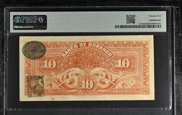 Bancos 10 Pesos 1913-14 Durango M333d PMG VF25 f_35482Bancos 10 Pesos 1913-14 Durango M333d PMG VF25 f_35482 - Image 2