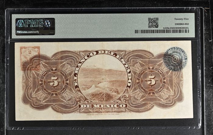 Bancos 5 Pesos 1907-12 Mexico M396c PMG VF25 f_35483Bancos 5 Pesos 1907-12 Mexico M396c PMG VF25 f_35483 - Image 2
