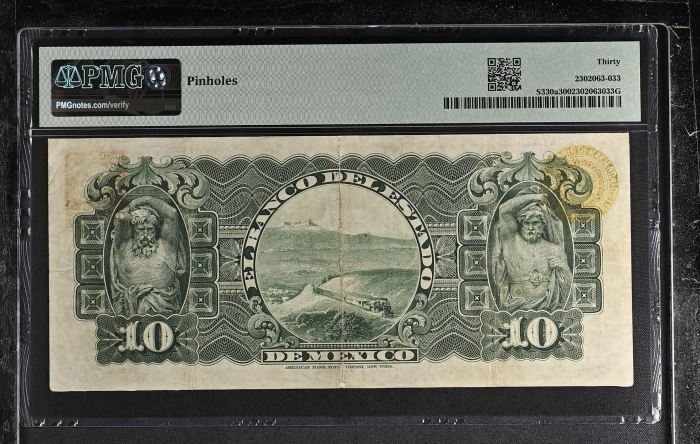 Bancos 10 Pesos 1898-1903 Mexico M397a-b PMG VF30 f_35484Bancos 10 Pesos 1898-1903 Mexico M397a-b PMG VF30 f_35484 - Image 2