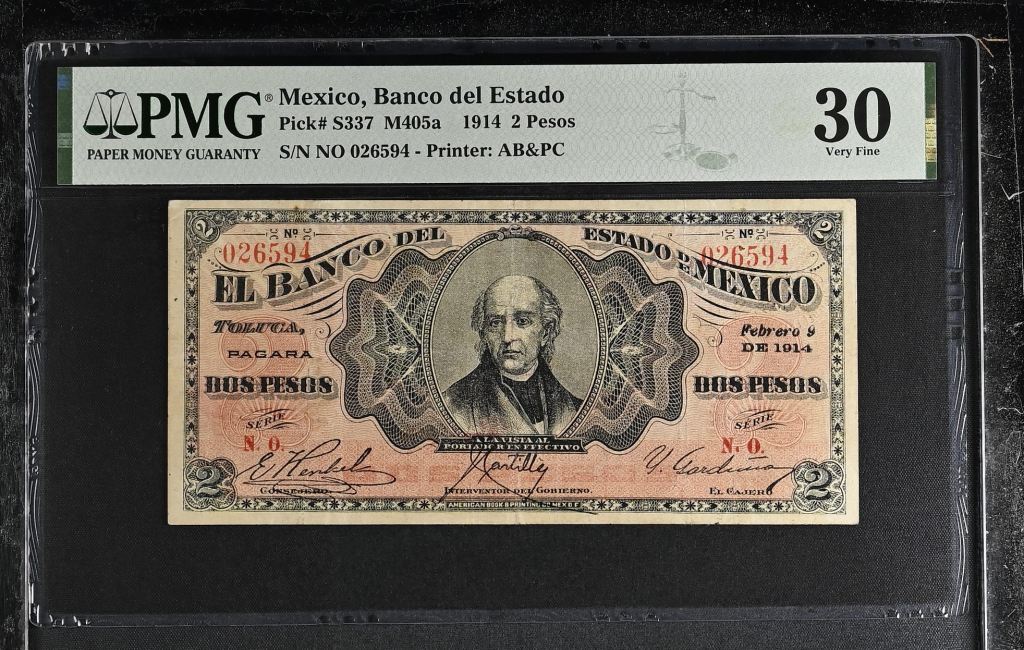 Bancos 2 Pesos 1914 Mexico M405a PMG VF30 f_35485