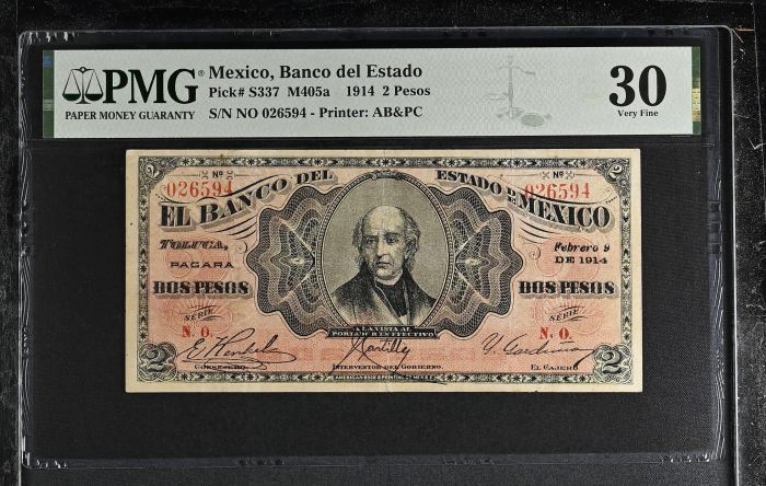 Bancos 2 Pesos 1914 Mexico M405a PMG VF30 f_35485Bancos 2 Pesos 1914 Mexico M405a PMG VF30 f_35485