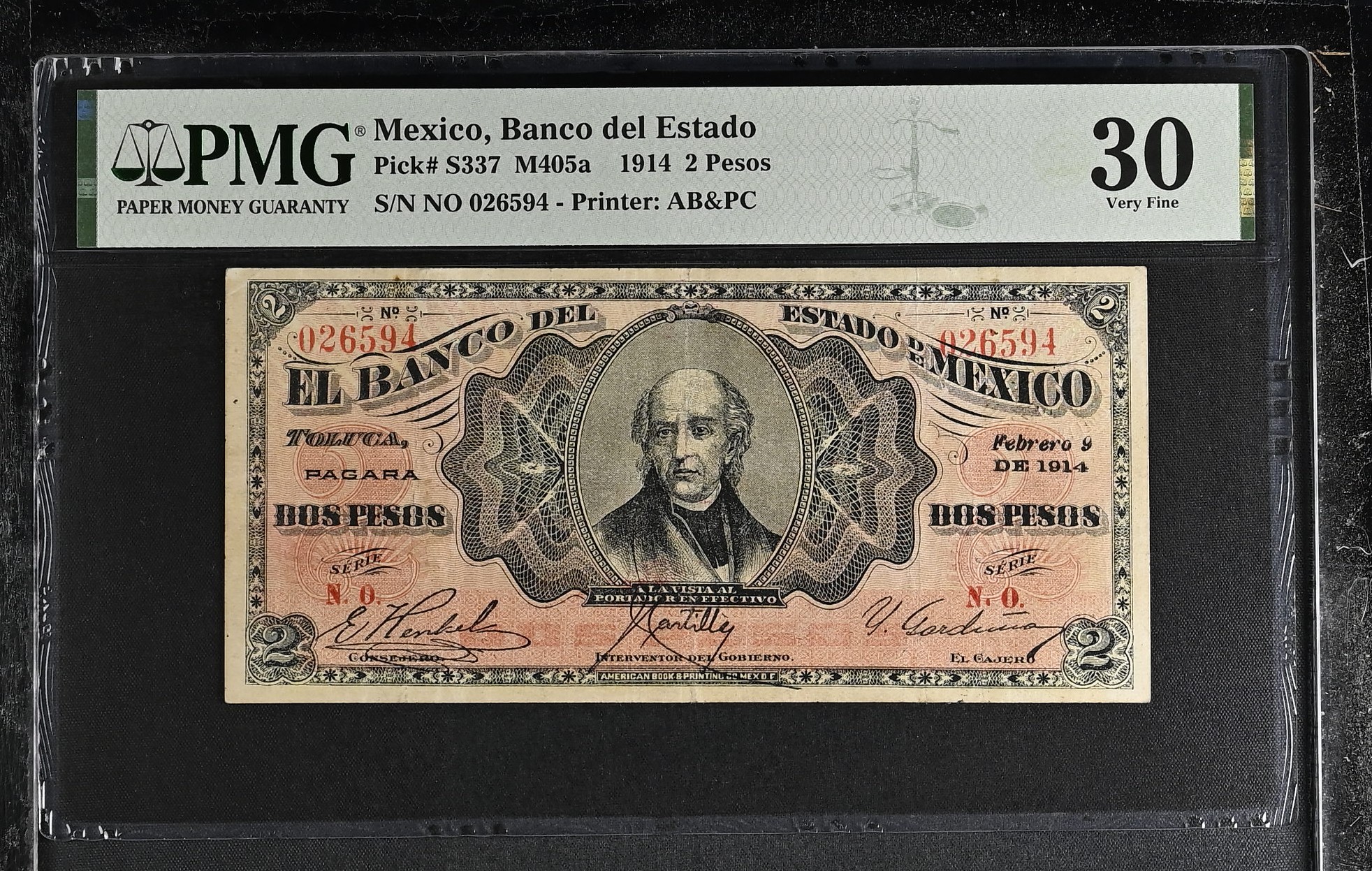 Bancos 2 Pesos 1914 Mexico M405a PMG VF30 f_35485