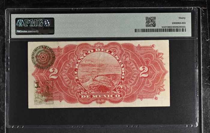 Bancos 2 Pesos 1914 Mexico M405a PMG VF30 f_35485Bancos 2 Pesos 1914 Mexico M405a PMG VF30 f_35485 - Image 2