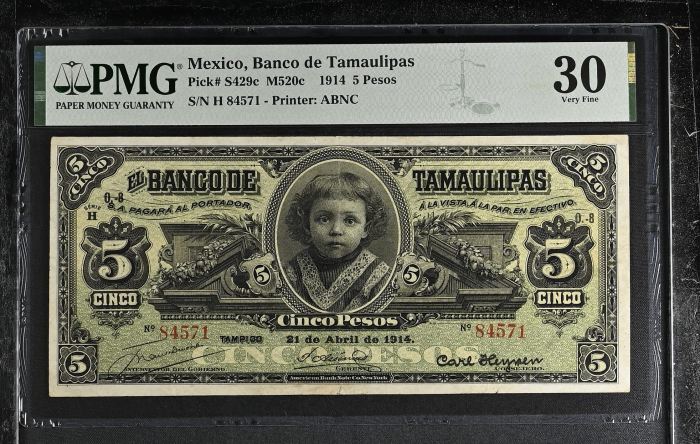 Bancos 5 Pesos 1914 Tamaulipas M520c PMG VF30 f_35486Bancos 5 Pesos 1914 Tamaulipas M520c PMG VF30 f_35486