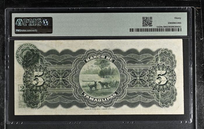 Bancos 5 Pesos 1914 Tamaulipas M520c PMG VF30 f_35486Bancos 5 Pesos 1914 Tamaulipas M520c PMG VF30 f_35486 - Image 2