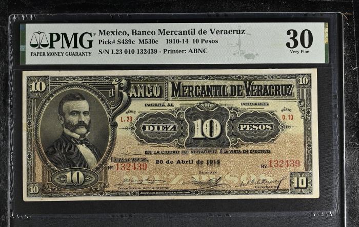 Bancos 10 Pesos 1910-14 Veracruz M530c PMG VF30 f_35487Bancos 10 Pesos 1910-14 Veracruz M530c PMG VF30 f_35487